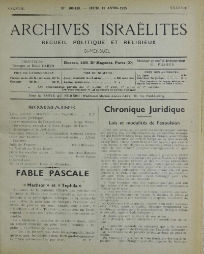 Archives israélites de France. Vol.98 N°109-110 (11 avr. 1935)